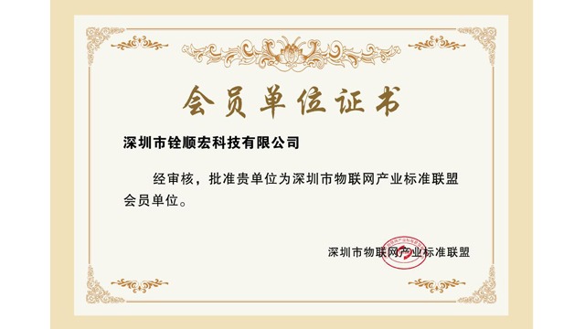 深圳市物联网产业标准联盟-大发购彩大厅～welcome会员单位证书